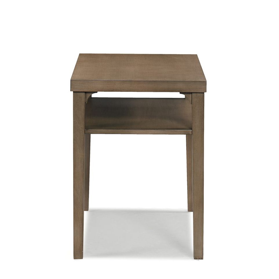 Corbel Side Table, shown in medium brown and taupe with wood and integrated lower shelf storage.