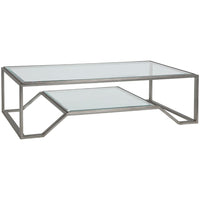 Additional view of Byron Rectangular Cocktail Table in silver and clear, featuring integrated lower glass display shelf.