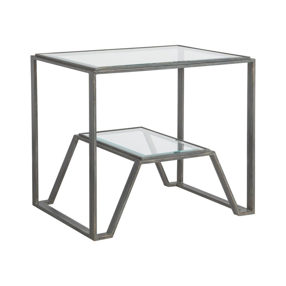 Byron Rectangular End Table, shown in charcoal gray and clear with metal, glass, and two-tier glass shelving.