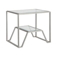 Byron Rectangular End Table, shown in silver and clear with metal, glass, and integrated lower glass shelf storage.