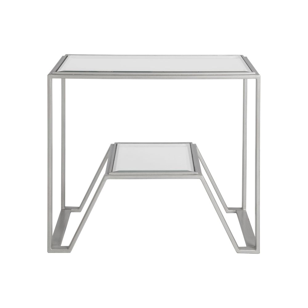 Alternate view of Byron Rectangular End Table, featuring metal, glass, and integrated lower glass shelf storage.