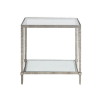 Alternate view of Claret Rectangular End Table, featuring textured finish, metal, glass, and two-tier glass shelves.