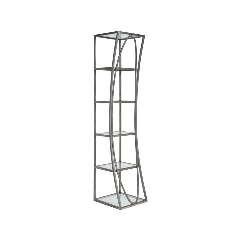 Ellipse Slim Etagere, shown in silver-gray with metal, glass, and five open glass shelves.