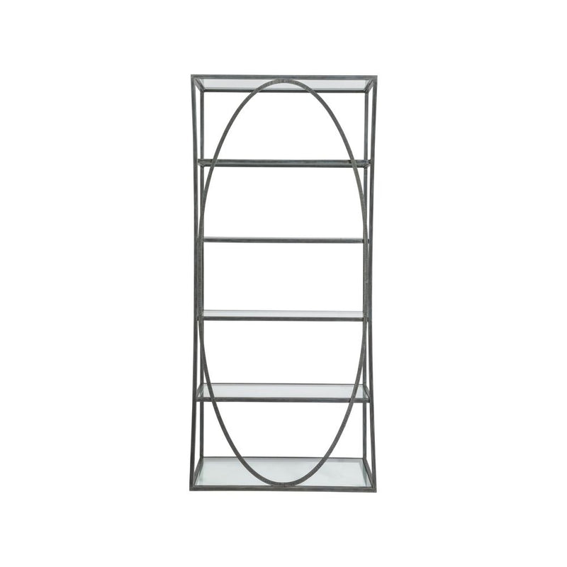 Alternate view of Ellipse Etagere, featuring metal, glass, and five open glass shelves.
