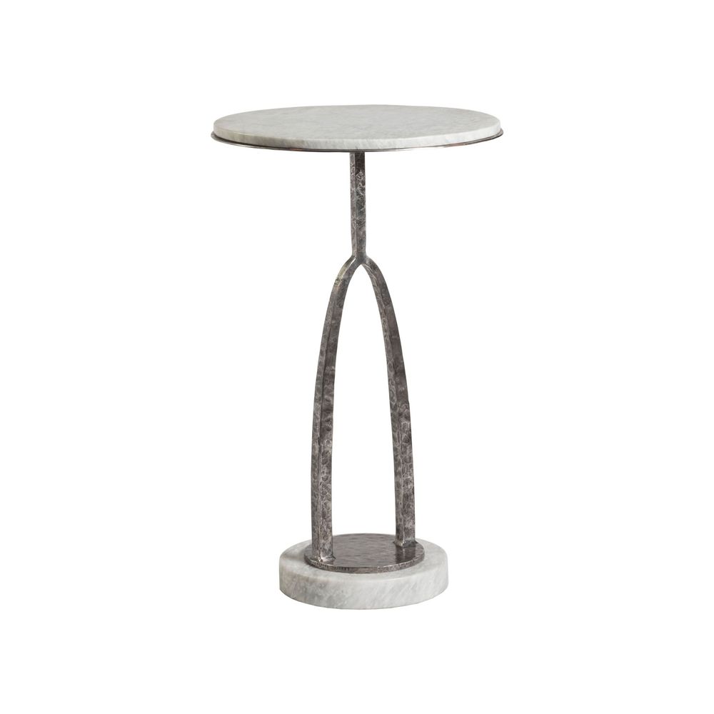 Vega Round Spot Table, shown in white and gray with marble, iron, and a compact round top.