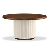 Marco Dining Table, shown in walnut brown and ivory cream with wood, wood veneer, and a pedestal base.