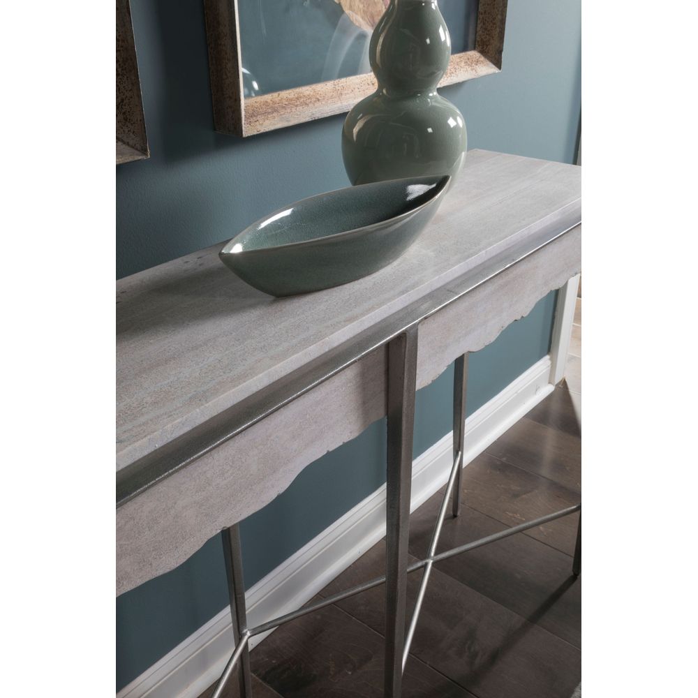 Additional view of Everest Console in light gray and silver, featuring scalloped apron edge and two shallow front drawers.