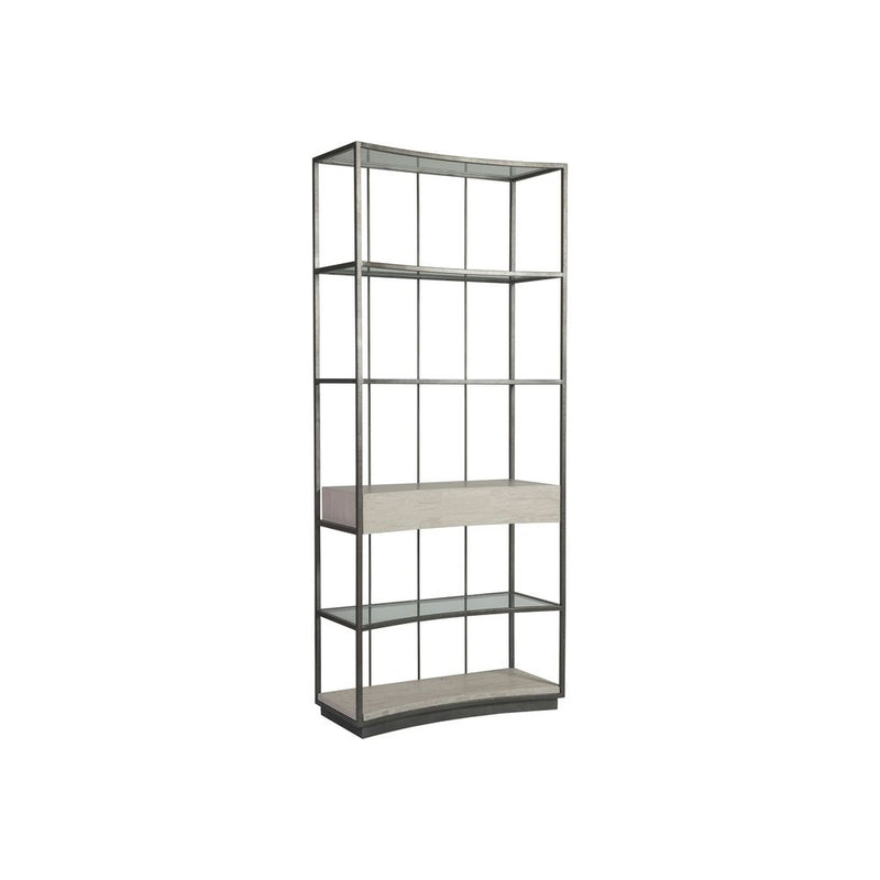 Cachet Etagere, shown in silver-gray and ivory with metal, glass, and multi-tier open shelving.