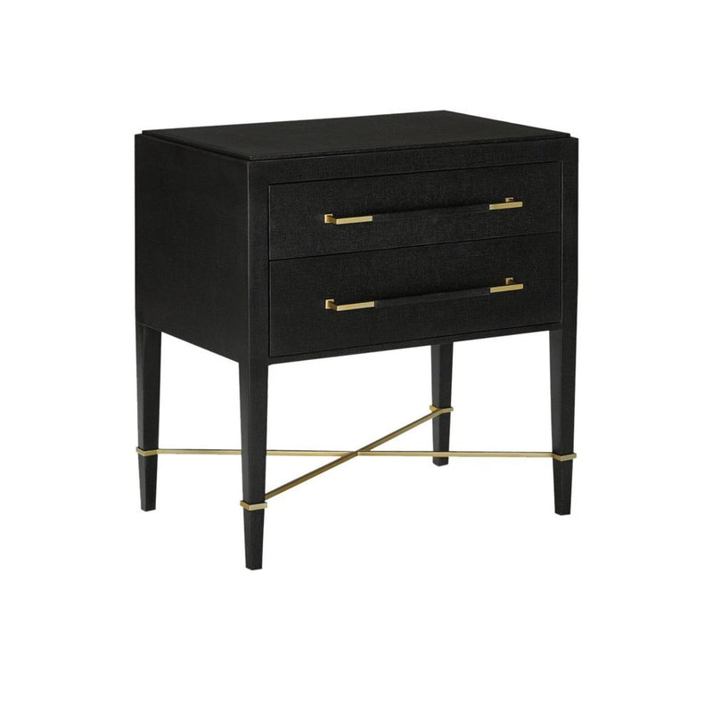 Alternate view of Verona Black Nightstand, featuring polished brass finish, linen, wood, and two full-width drawers.
