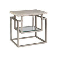 Theo Rectangular End Table, shown in champagne beige and brushed silver-champagne metal with travertine stone and metal.