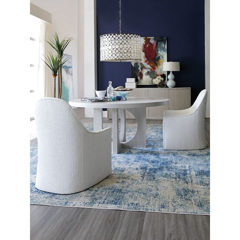 Alternate view of Misty Gray Apostrophe Round Dining Table, featuring matte finish, wood, and a round dining surface.