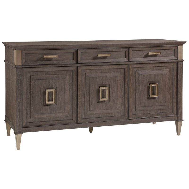 Belvedere Buffet, shown in medium brown and warm gray-brown with wood, metal, and three top drawers.