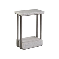Kenzo Rectangular Spot Table, shown in white and gray with marble, metal, and a open lower marble shelf/base.