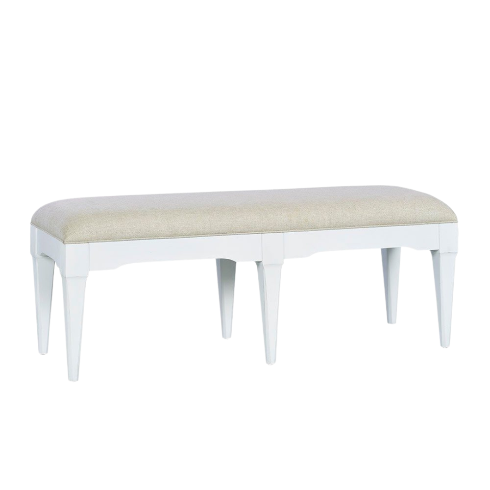 Chandler Bench, shown in white and beige with wood, fabric, and a upholstered seat.