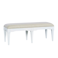 Chandler Bench, shown in white and beige with wood, fabric, and a upholstered seat.