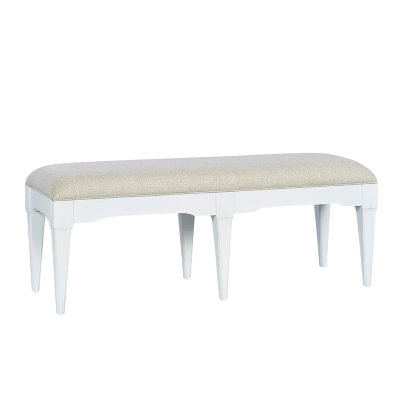 Chandler Bench, shown in white and beige with wood, fabric, and a upholstered seat.
