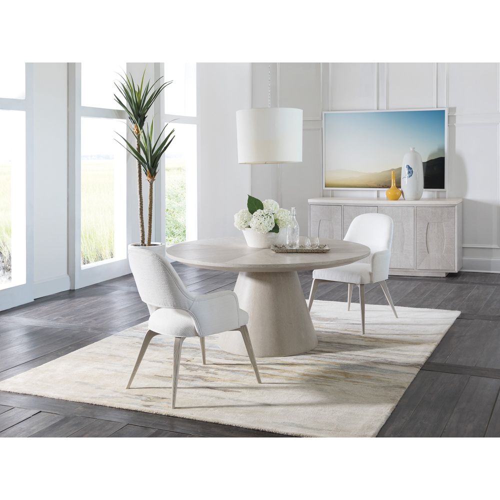 Alternate view of Mar Monte Round Dining Table, featuring matte finish, wood, wood veneer, and a single pedestal base.