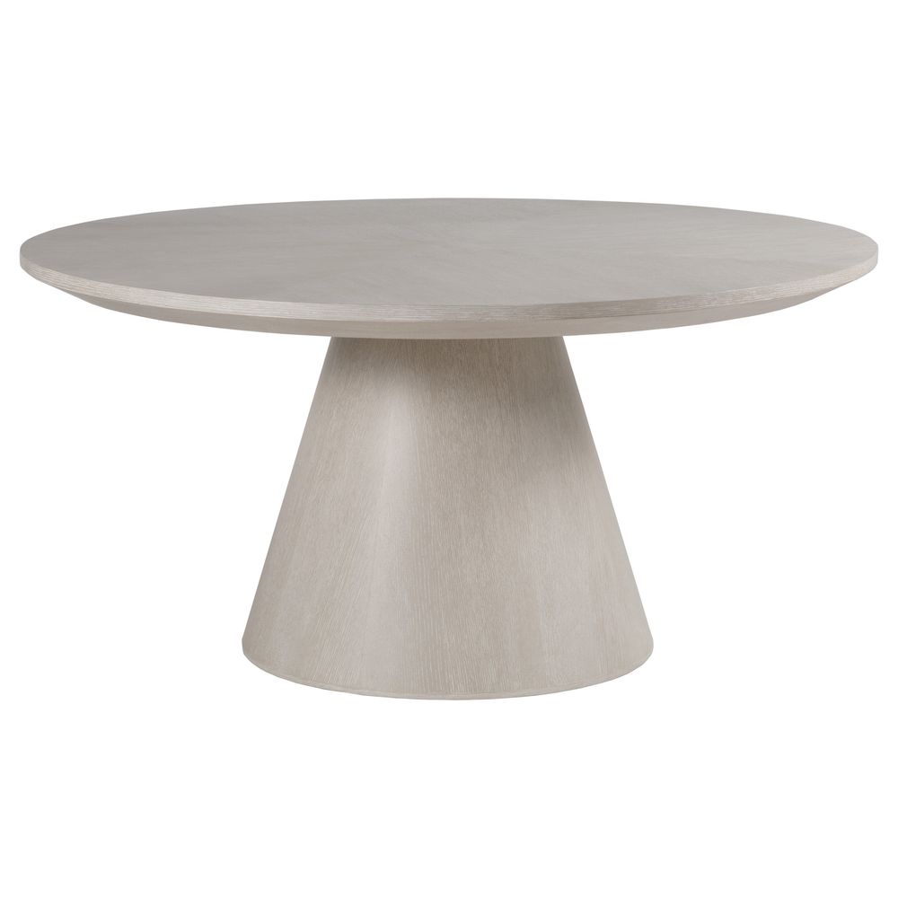 Mar Monte Round Dining Table, shown in taupe and warm beige with wood, wood veneer, and a single pedestal base.
