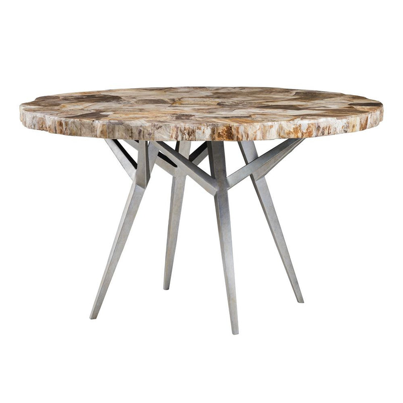 Caldera Round Dining Table, shown in light golden brown and beige with petrified wood, metal, and a round dining surface.