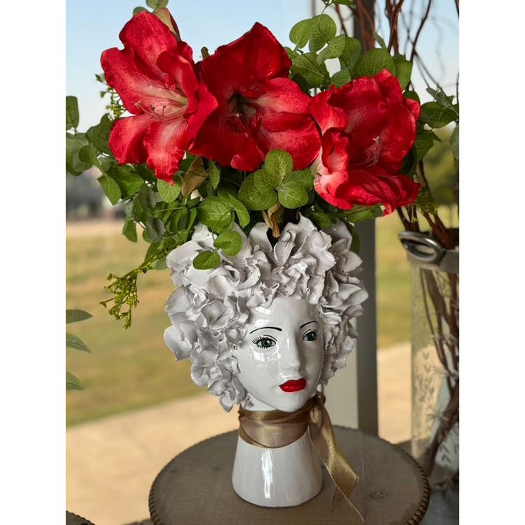 Alternate view of Ceramic Head Vase, White Flowers in white and red.