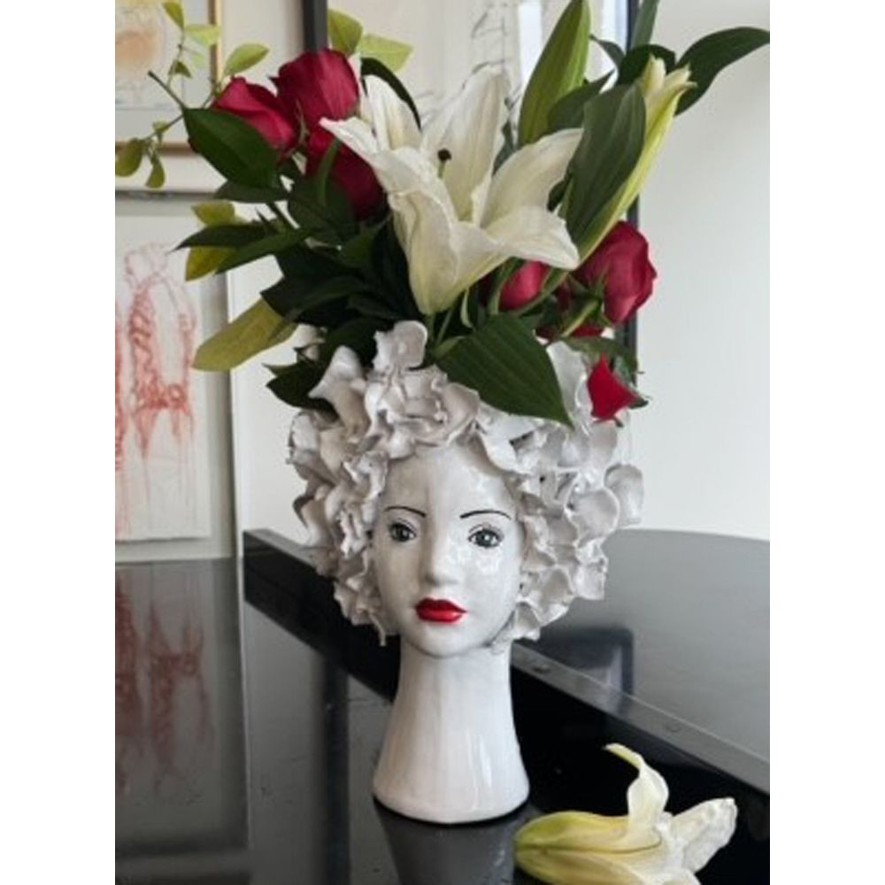Additional view of Ceramic Head Vase, White Flowers in white and red.