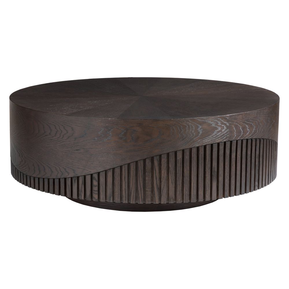 Nightfall Round Cocktail Table, shown in dark brown and mocha with wood and oak or ash veneer.
