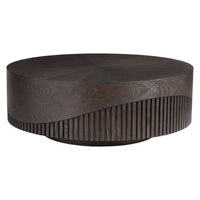Nightfall Round Cocktail Table, shown in dark brown and mocha with wood and oak or ash veneer.