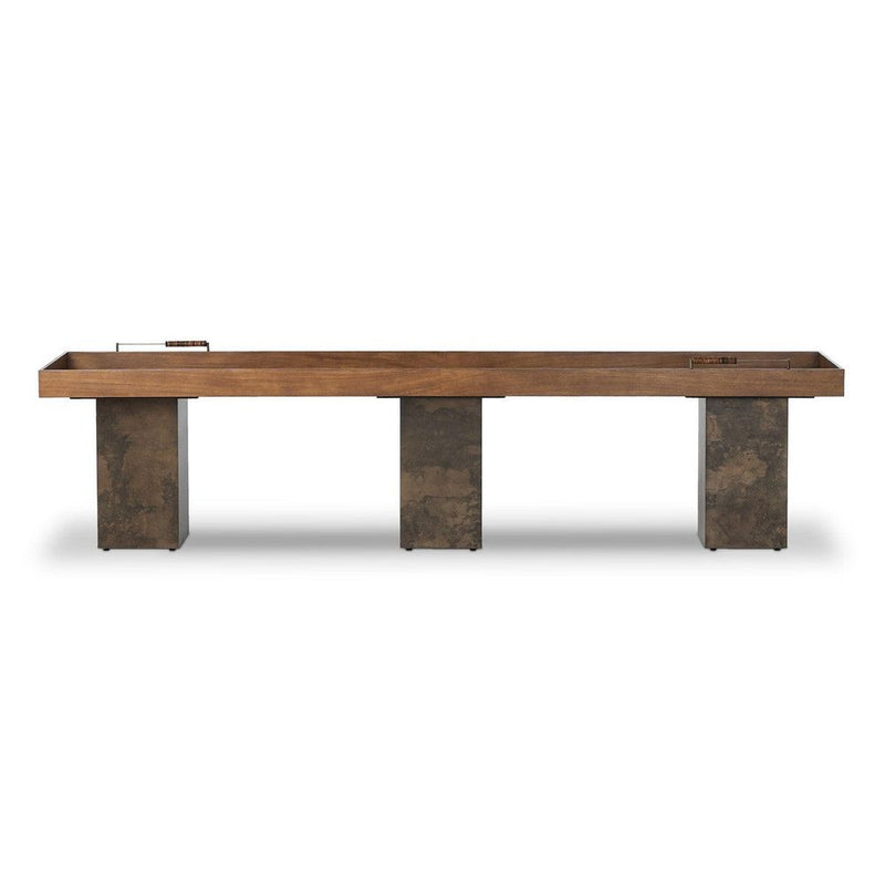 Sylvestra Shuffleboard Table, shown in warm brown and dark bronze with wood veneer and metal.
