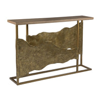 Simpatico Console Table, shown in warm medium brown and antique brass gold with wood and metal.