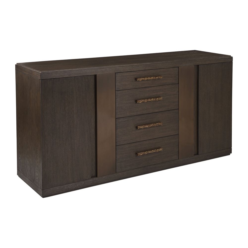 Andare Buffet, shown in dark brown and espresso with wood, metal, and central stack of four drawers.