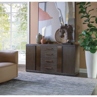 Alternate view of Andare Buffet, featuring matte finish, wood, metal, and central stack of four drawers.