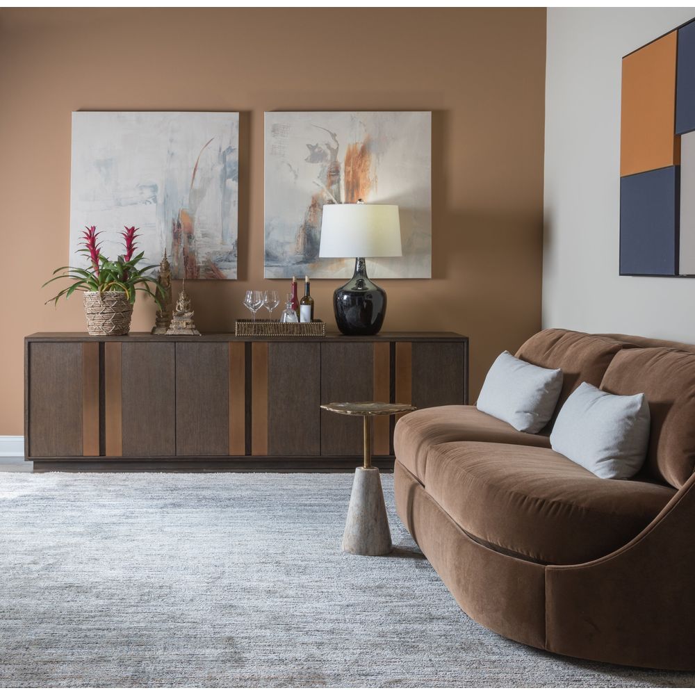 Alternate view of Andare Long Media Console, featuring wood, metal, and multi-door enclosed storage.