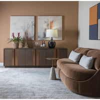 Alternate view of Andare Long Media Console, featuring wood, metal, and multi-door enclosed storage.