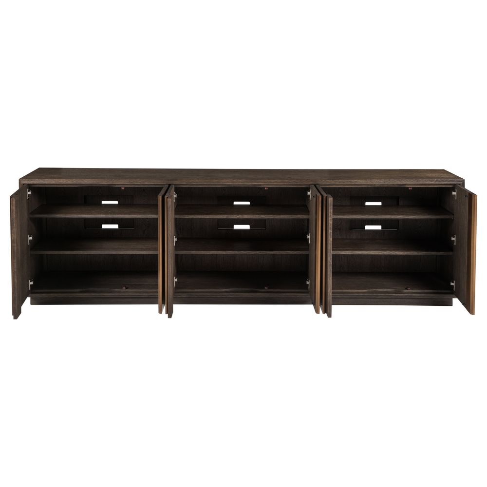 Additional view of Andare Long Media Console in dark brown and espresso, featuring multi-door enclosed storage.