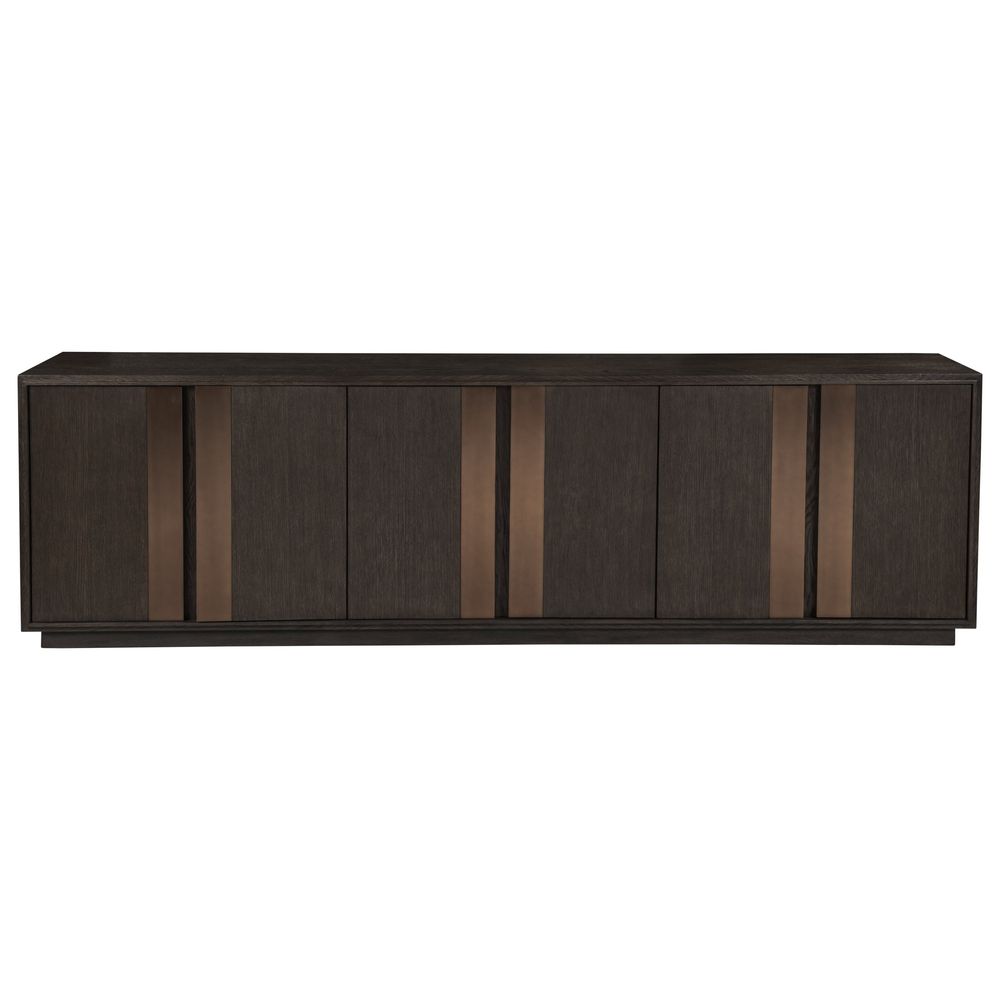 Andare Long Media Console, shown in dark brown and espresso with wood, metal, and multi-door enclosed storage.