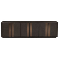 Andare Long Media Console, shown in dark brown and espresso with wood, metal, and multi-door enclosed storage.