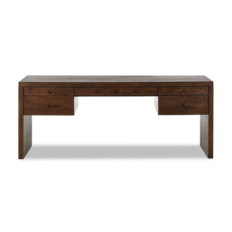 Lioran Desk, shown in dark brown and espresso brown with solid wood, oak, and integrated multi-drawer storage.