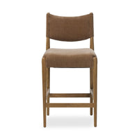 Jayla Counter Stool, shown in mushroom and medium brown with solid wood, textured fabric, and integrated footrest.