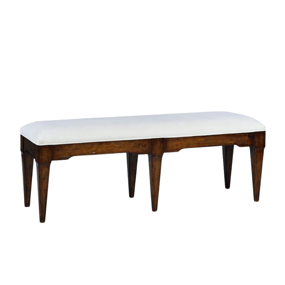 Alternate view of Chandler Bench, featuring painted finish, wood, fabric, and a upholstered seat.