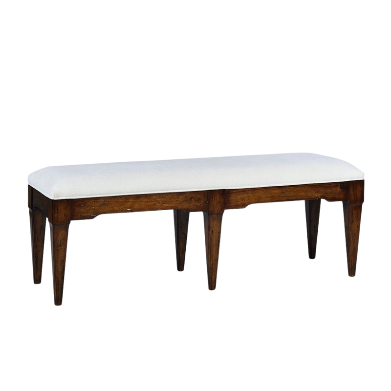 Alternate view of Chandler Bench, featuring painted finish, wood, fabric, and a upholstered seat.