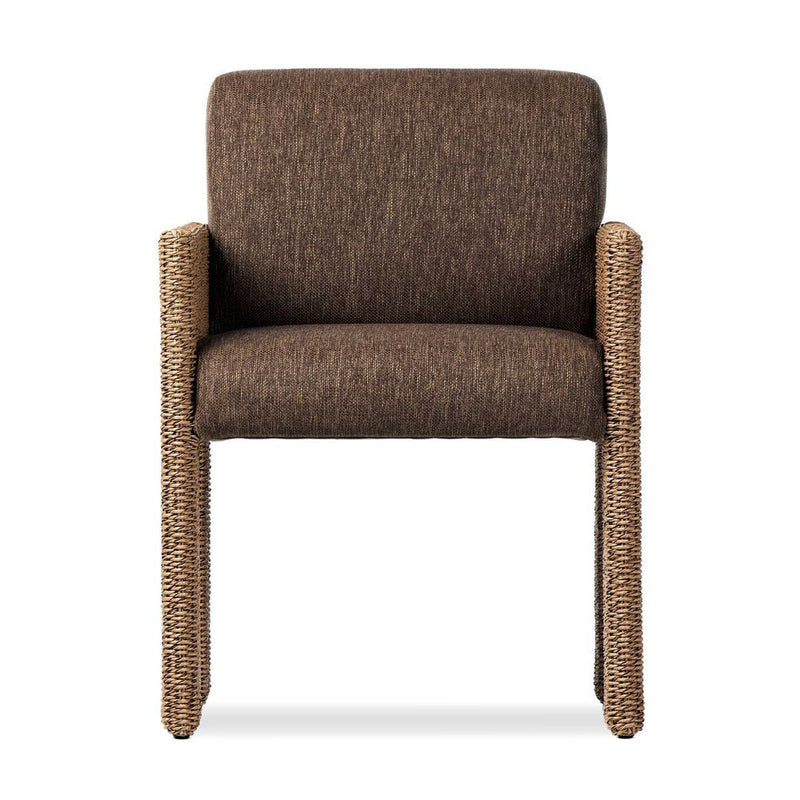 Grayson Outdoor Dining Chair, shown in brown and natural tan with woven rattan-style resin and upholstery fabric.