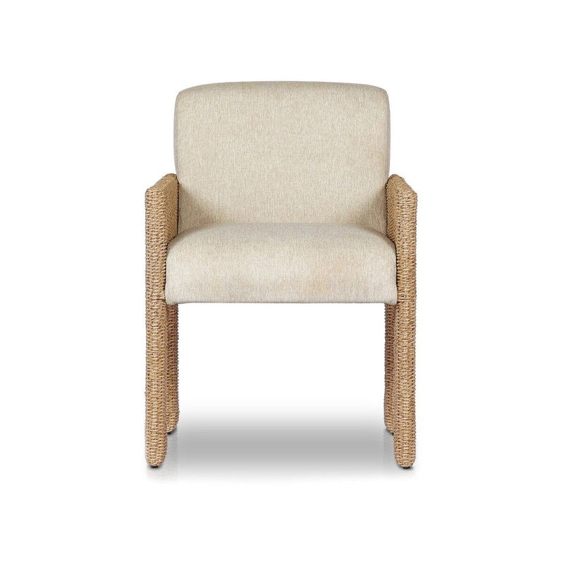 Grayson Outdoor Dining Chair, shown in beige and natural tan with olefin fabric, woven rattan, and fixed arms.