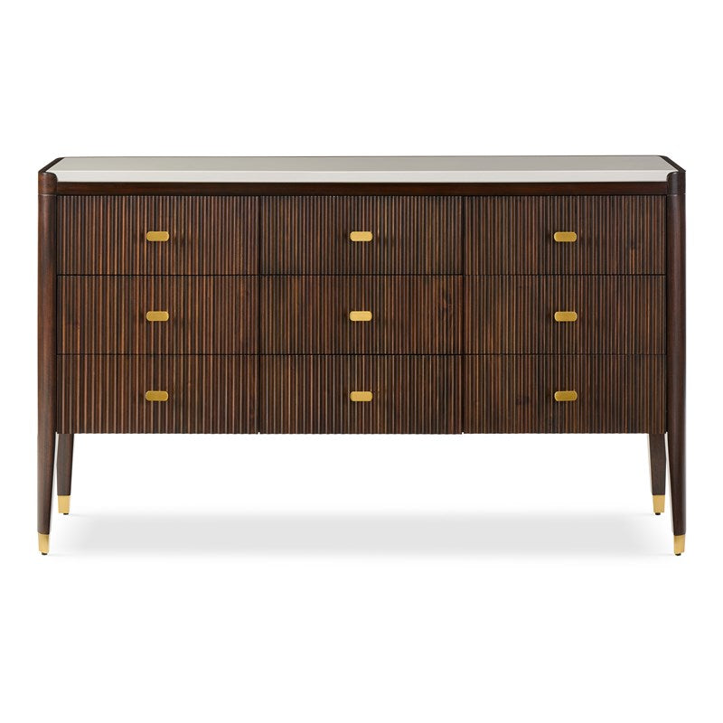Eamon Buffet, shown in dark brown and warm walnut brown with wood, metal, and nine drawers in three-by-three grid.