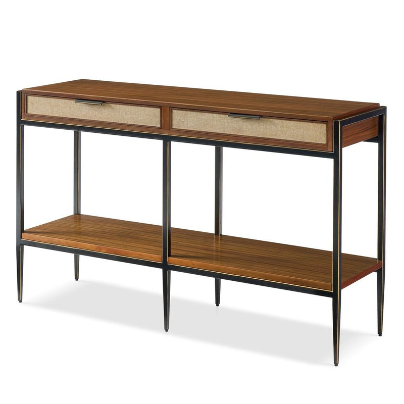 Alternate view of Dakota Console, featuring gilded edge accents, wood, metal, and two front drawers with horizontal pulls.