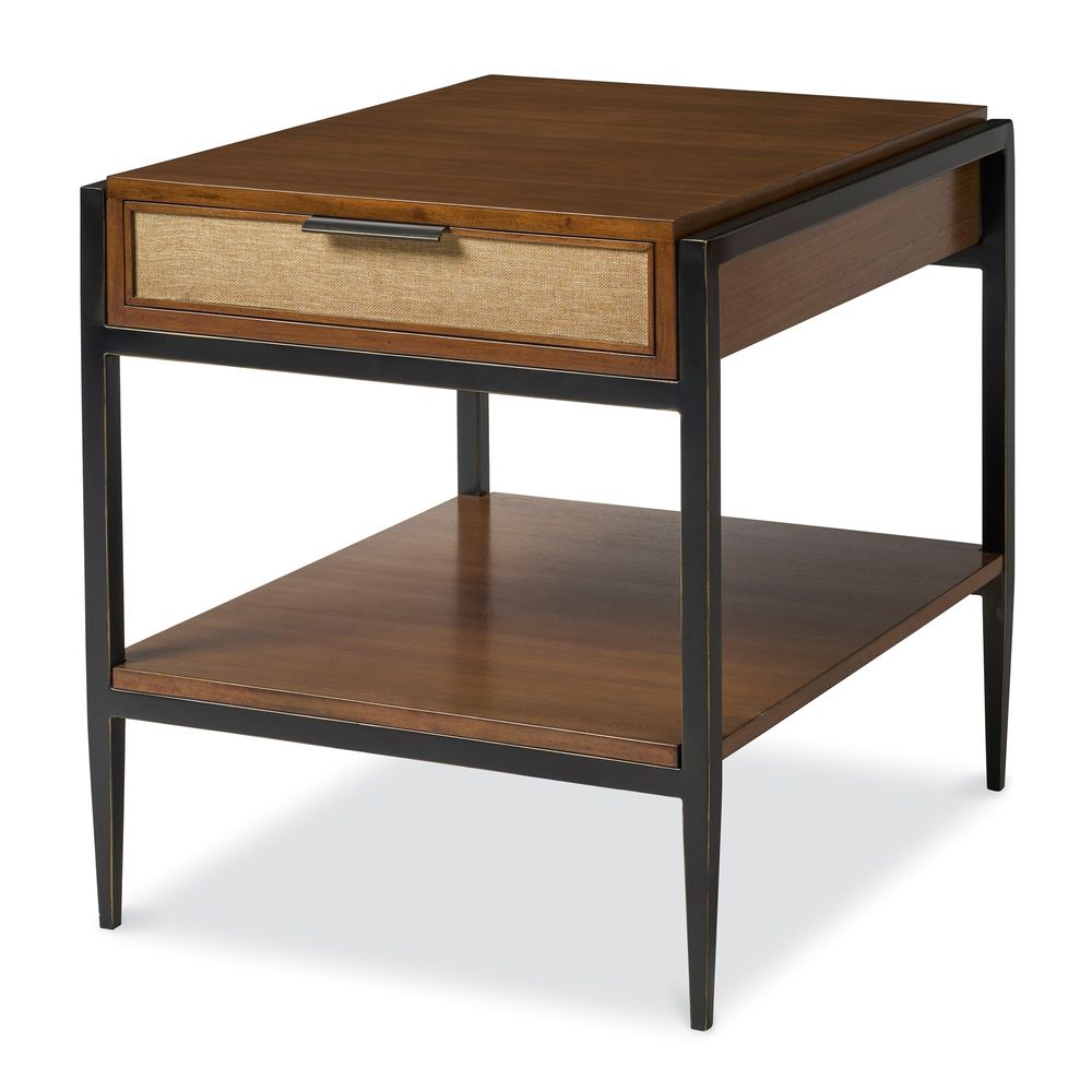 Alternate view of Raffia Rectangular Side Table in medium walnut brown and black.