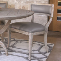 Alternate view of Klismos Chair, featuring wood, leather, and a armless open frame.