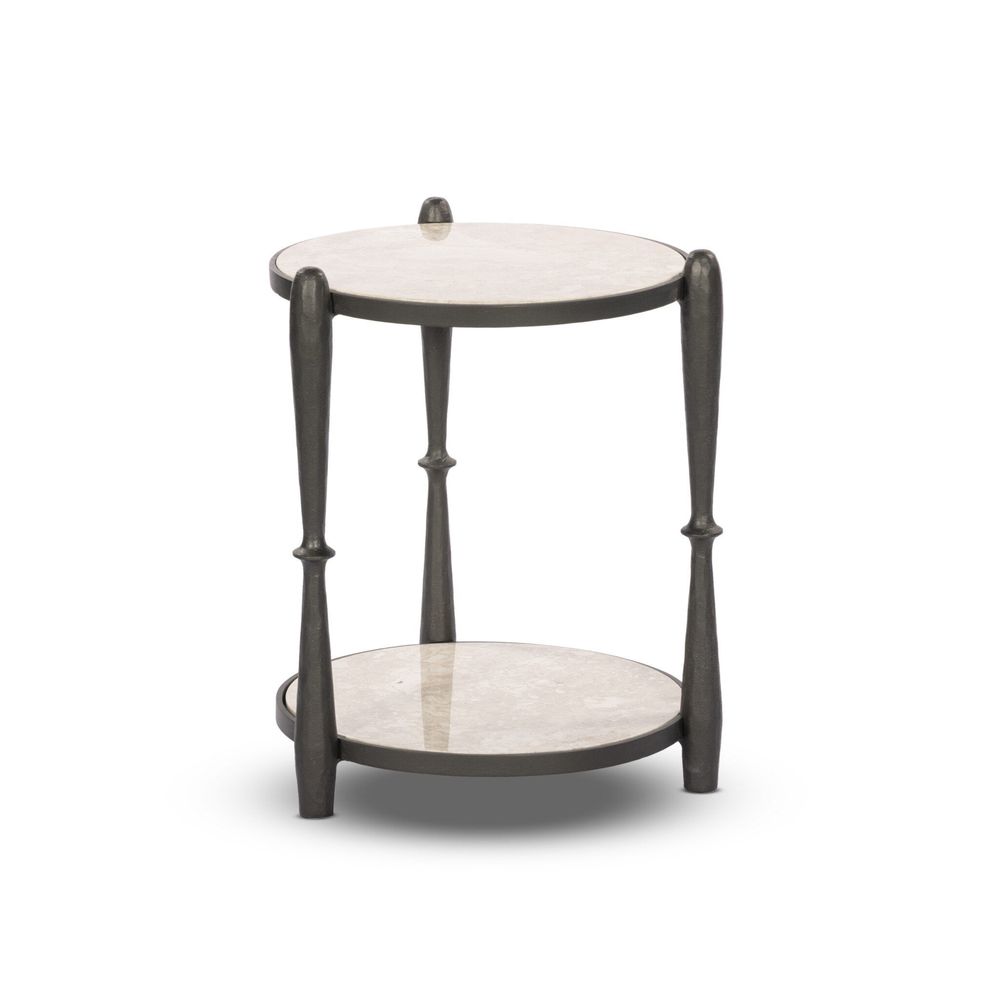 Alternate view of Ruthie End Table, featuring polished stone finish, marble, metal, and dual circular marble shelves.