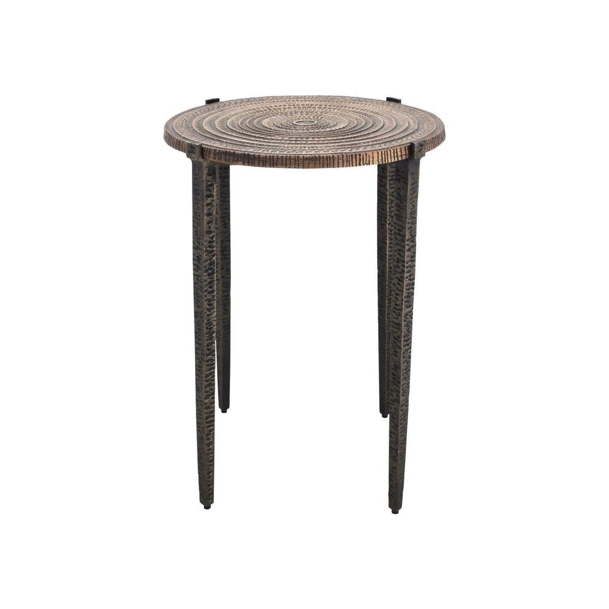 Unity Accent Table, shown in antique brass and dark bronze with cast aluminum, metal, and four fixed tapered legs.