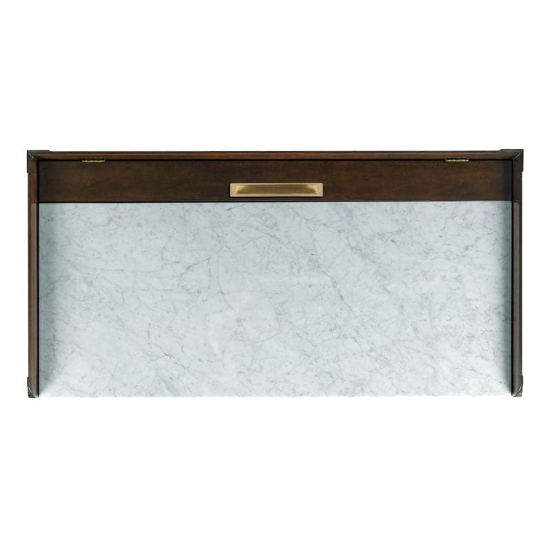 Alternate view of Marmo Writing Table, featuring brass sabots finish, hardwood, marble, and a inset marble writing surface.