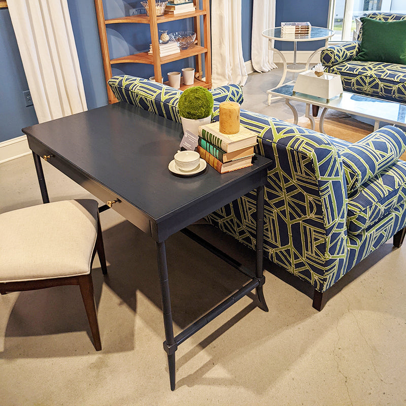 Alternate view of Sconset Writing Table, featuring painted finish, wood, metal, and single full-width drawer with dual knobs.